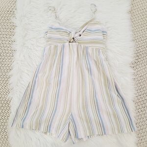 Women's Topshop Short Set Linen Blend Pastel Stripe Tie Front Romper Sz 6 - Flaw